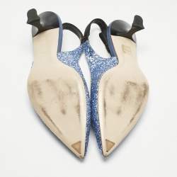Pre Owned Miu Miu Blue Coarse Glitter Bow Slingback Pumps Size 40.5