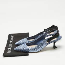 Pre Owned Miu Miu Blue Coarse Glitter Bow Slingback Pumps Size 40.5