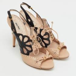 Pre Owned Miu Miu Beige/Black Leather Cutout Slingback Sandals Size 41