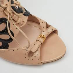 Pre Owned Miu Miu Beige/Black Leather Cutout Slingback Sandals Size 41