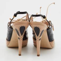Pre Owned Miu Miu Beige/Black Leather Cutout Slingback Sandals Size 41