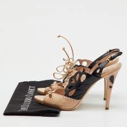 Pre Owned Miu Miu Beige/Black Leather Cutout Slingback Sandals Size 41