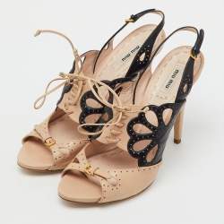 Pre Owned Miu Miu Beige/Black Leather Cutout Slingback Sandals Size 41