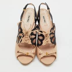 Pre Owned Miu Miu Beige/Black Leather Cutout Slingback Sandals Size 41