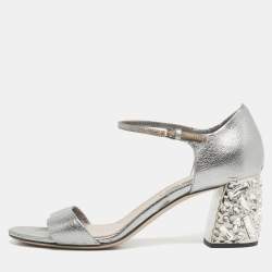 Pre Owned Miu Miu Silver Leather Crystal Embellished Block Heel Ankle Strap Platform Sandals Size 37
