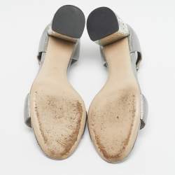 Pre Owned Miu Miu Silver Leather Crystal Embellished Block Heel Ankle Strap Platform Sandals Size 37