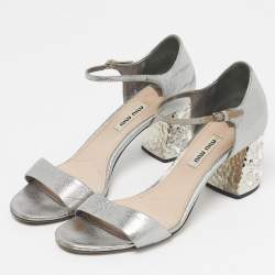 Pre Owned Miu Miu Silver Leather Crystal Embellished Block Heel Ankle Strap Platform Sandals Size 37