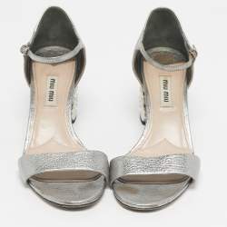 Pre Owned Miu Miu Silver Leather Crystal Embellished Block Heel Ankle Strap Platform Sandals Size 37