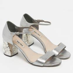 Pre Owned Miu Miu Silver Leather Crystal Embellished Block Heel Ankle Strap Platform Sandals Size 37