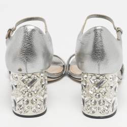 Pre Owned Miu Miu Silver Leather Crystal Embellished Block Heel Ankle Strap Platform Sandals Size 37