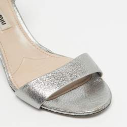 Pre Owned Miu Miu Silver Leather Crystal Embellished Block Heel Ankle Strap Platform Sandals Size 37
