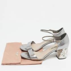 Pre Owned Miu Miu Silver Leather Crystal Embellished Block Heel Ankle Strap Platform Sandals Size 37