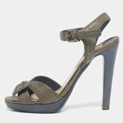 Pre Owned Miu Miu Grey Leather Bow Ankle Strap Sandals Size 38
