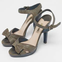 Pre Owned Miu Miu Grey Leather Bow Ankle Strap Sandals Size 38