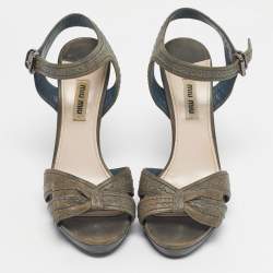 Pre Owned Miu Miu Grey Leather Bow Ankle Strap Sandals Size 38