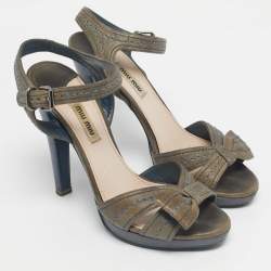 Pre Owned Miu Miu Grey Leather Bow Ankle Strap Sandals Size 38