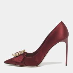 Pre Owned Miu Miu Burgundy Satin Crystal Embellished Pointed Toe Pumps Size 39