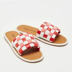 Pre Owned Miu Miu Multicolor Woven Leather Flat Slides Size 39