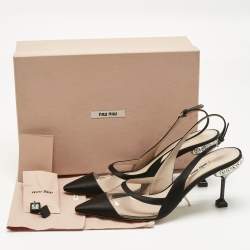 Pre Owned Miu Miu Black Satin And PVC Crystal Embellished Slingback Pumps Size 39