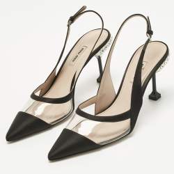 Pre Owned Miu Miu Black Satin And PVC Crystal Embellished Slingback Pumps Size 39