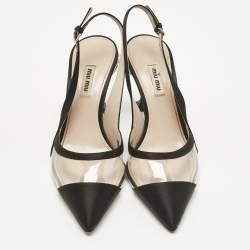 Pre Owned Miu Miu Black Satin And PVC Crystal Embellished Slingback Pumps Size 39