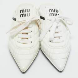 Pre Owned Miu Miu White Patent Leather Sneaker Mules Size 37.5