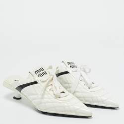 Pre Owned Miu Miu White Patent Leather Sneaker Mules Size 37.5