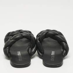 Pre Owned Miu Miu Black Woven Leather Flat Slides Size 39.5