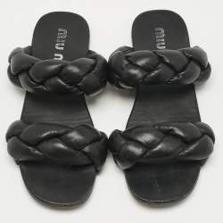 Pre Owned Miu Miu Black Woven Leather Flat Slides Size 39.5