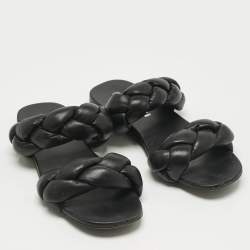 Pre Owned Miu Miu Black Woven Leather Flat Slides Size 39.5
