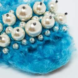 Pre Owned Miu Miu Blue Faux Fur Pearl Embellished Flat Slides Size 36