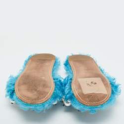 Pre Owned Miu Miu Blue Faux Fur Pearl Embellished Flat Slides Size 36