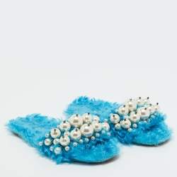 Pre Owned Miu Miu Blue Faux Fur Pearl Embellished Flat Slides Size 36