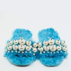 Pre Owned Miu Miu Blue Faux Fur Pearl Embellished Flat Slides Size 36