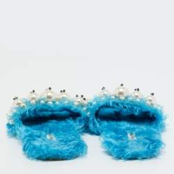 Pre Owned Miu Miu Blue Faux Fur Pearl Embellished Flat Slides Size 36