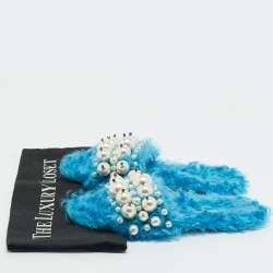 Pre Owned Miu Miu Blue Faux Fur Pearl Embellished Flat Slides Size 36