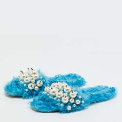 Pre Owned Miu Miu Blue Faux Fur Pearl Embellished Flat Slides Size 36