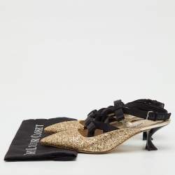 Pre Owned Miu Miu Metallic Gold/Black Glitter and Satin Bow Pointed Toe Slingback Pumps Size 38