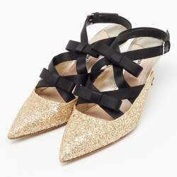 Pre Owned Miu Miu Metallic Gold/Black Glitter and Satin Bow Pointed Toe Slingback Pumps Size 38