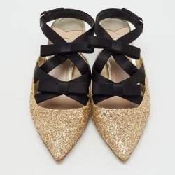 Pre Owned Miu Miu Metallic Gold/Black Glitter and Satin Bow Pointed Toe Slingback Pumps Size 38