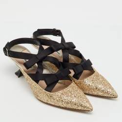 Pre Owned Miu Miu Metallic Gold/Black Glitter and Satin Bow Pointed Toe Slingback Pumps Size 38