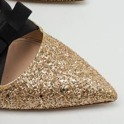 Pre Owned Miu Miu Metallic Gold/Black Glitter and Satin Bow Pointed Toe Slingback Pumps Size 38