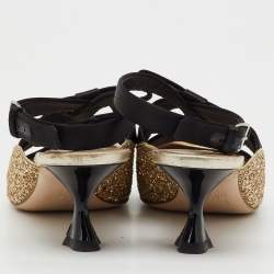 Pre Owned Miu Miu Metallic Gold/Black Glitter and Satin Bow Pointed Toe Slingback Pumps Size 38