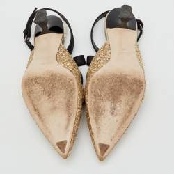 Pre Owned Miu Miu Metallic Gold/Black Glitter and Satin Bow Pointed Toe Slingback Pumps Size 38
