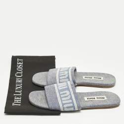 Pre Owned Miu Miu Blue Denim Logo Flat Slide Sandals Size 38