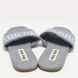 Pre Owned Miu Miu Blue Denim Logo Flat Slide Sandals Size 38