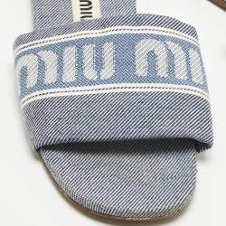 Pre Owned Miu Miu Blue Denim Logo Flat Slide Sandals Size 38