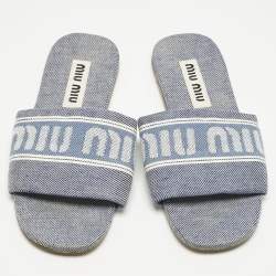 Pre Owned Miu Miu Blue Denim Logo Flat Slide Sandals Size 38
