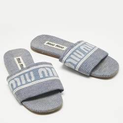 Pre Owned Miu Miu Blue Denim Logo Flat Slide Sandals Size 38