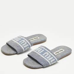 Pre Owned Miu Miu Blue Denim Logo Flat Slide Sandals Size 38